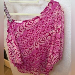 INC One-Shoulder Mesh Top – XS – Pink Ikat Print w/ Rhinestone Strap